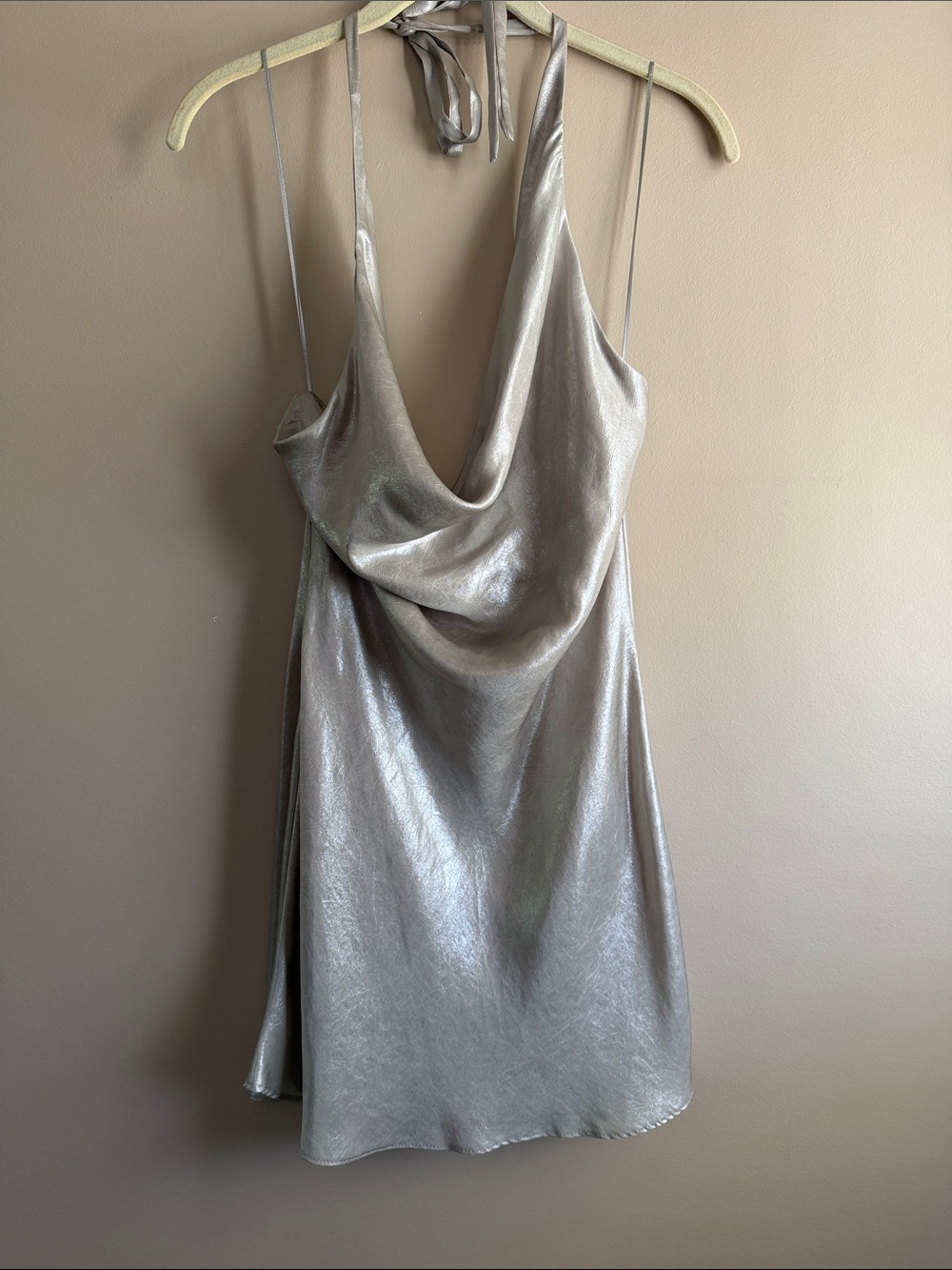 Zara Metallic Silver Cowl Halter Mini Dress